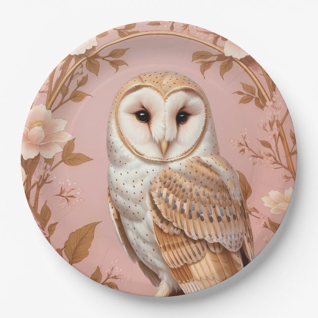 Elegant Barn Owl Pink and Gold Floral  Pappteller (Vorderseite)