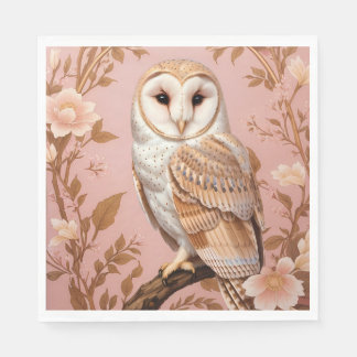 Elegant Barn Owl Pink and Gold Floral Serviette