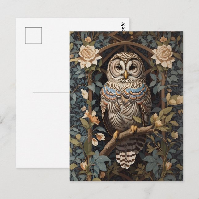 Elegant Barred Owl William Morris Inspiriert Postkarte (Vorne/Hinten)