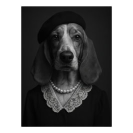Elegant Basset Hound Lady with Beret and Pearl Poster