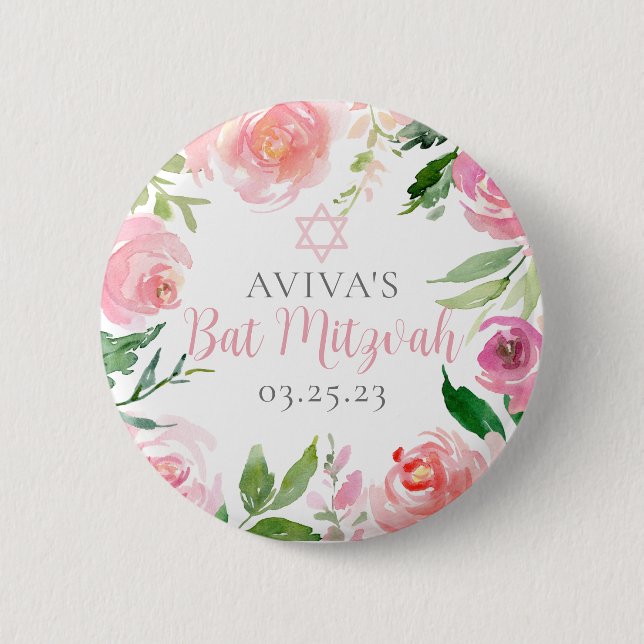 Elegant Bat Mitzvah Party Personalized Pink Floral Button (Vorderseite)
