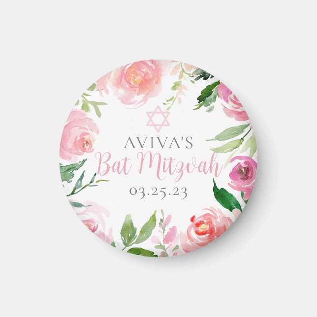 Elegant Bat Mitzvah Party Personalized Pink Floral Magnet (Vorne)