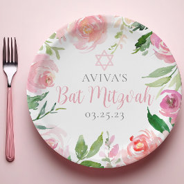 Elegant Bat Mitzvah Party Personalized Pink Floral Pappteller
