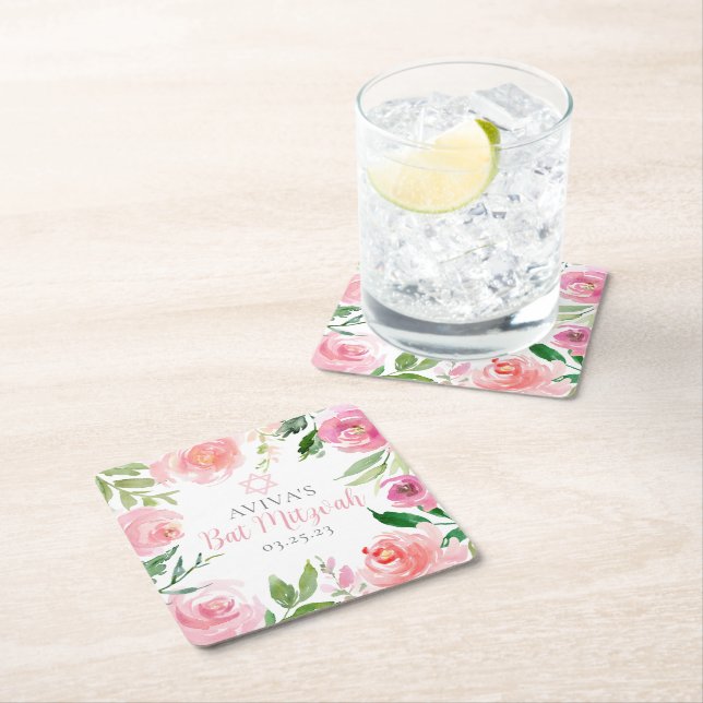 Elegant Bat Mitzvah Party Personalized Pink Floral Rechteckiger Pappuntersetzer (Vor Ort)