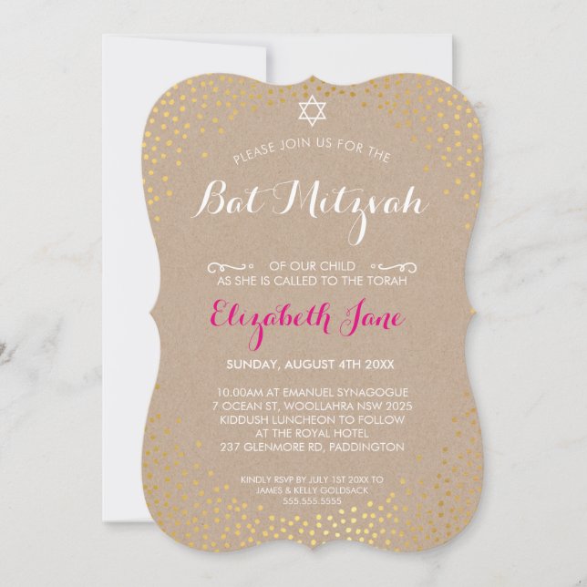 ELEGANT BAT MITZVAH rustikaler Goldkonfetti Einladung (Vorderseite)