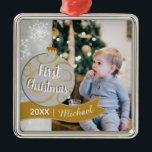 Elegant Bauble Baby's First Christmas Foto Ornament Aus Metall<br><div class="desc">Elegantes Foto-Ornament für die ersten Weihnachten des Babys mit silbergrauem und goldfarbenem Design.</div>