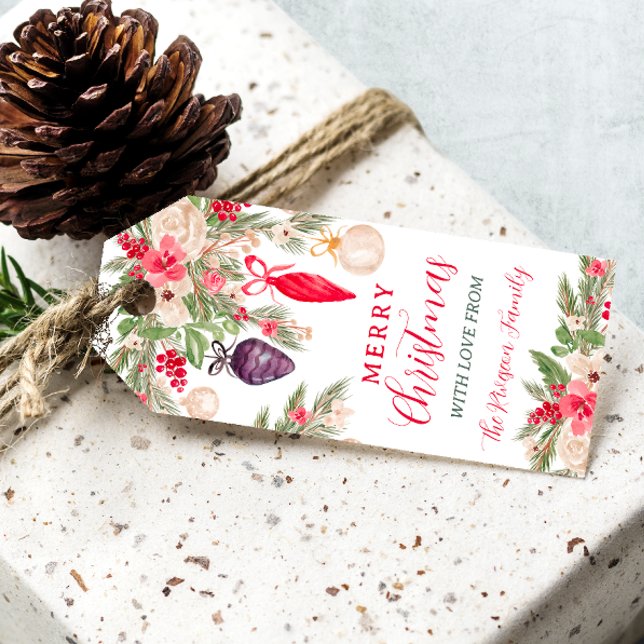 Elegant bauble pine floral watercolor Christmas Geschenkanhänger (Elegant bauble pine floral watercolor Christmas Gift Tags)