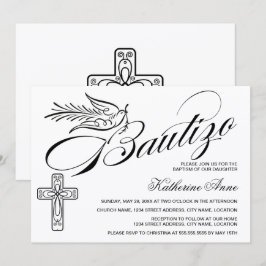 Elegant Bautizo Vintages Skriptkreuz und Taube Einladung