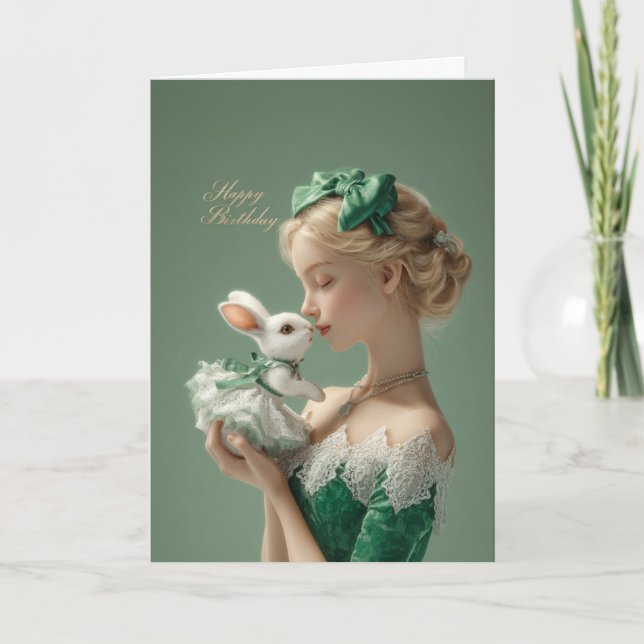 Elegant BDay Card with Lady & White Bunny in Lace Karte (Vorderseite)