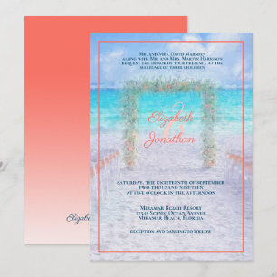 Elegant Beach Arbor Blue Coral Ombre Wedding Einladung