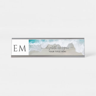 Elegant Beach Blue Green Monogram Beruflich Schreibtischnamensplakette
