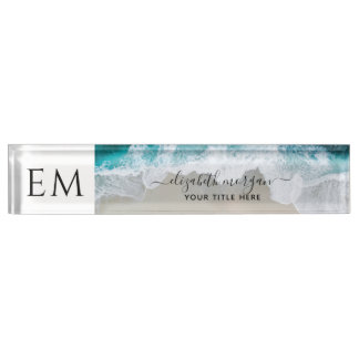 Elegant Beach Blue Green Script Mit Monogramm Namensplakette