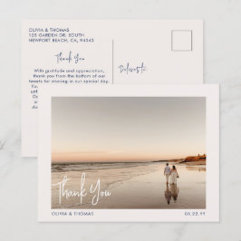 Elegant Beach Modern Wedding Foto Danke Navy Postkarte