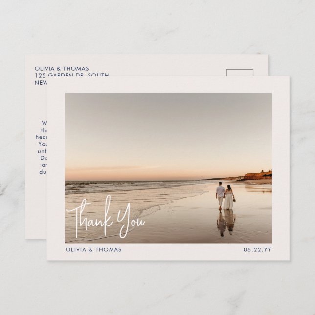 Elegant Beach Modern Wedding Foto Danke Navy Postkarte (Vorne/Hinten)