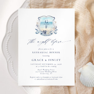 Elegant Beach Monogram Wedding Probe Dinner Einladung