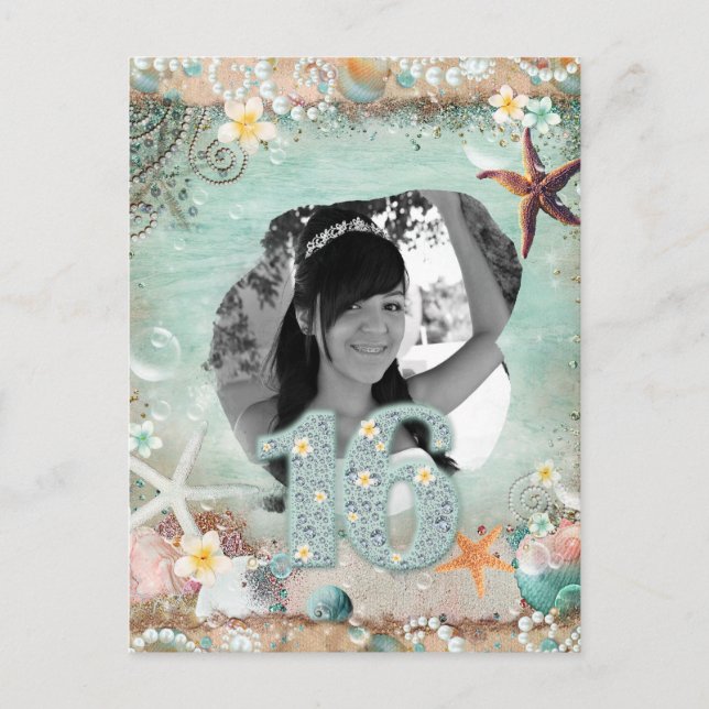 Elegant Beach Sea Starfish Perlen 16. 16. Geburtst Ankündigungspostkarte (Vorderseite)