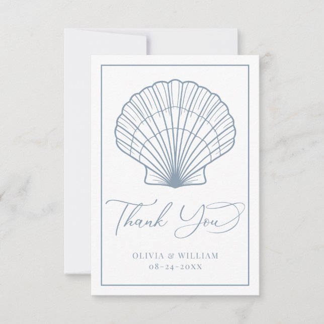 Elegant Beach Seashell Dusty Blue Wedding Dankeskarte (Vorderseite)