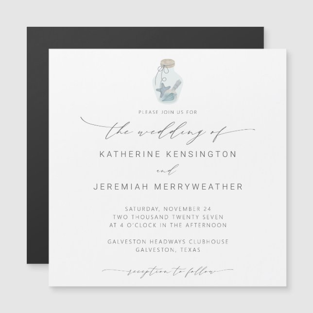 Elegant Beach Seashell Moderne Script Wedding Magneteinladung (Vorne/Hinten)