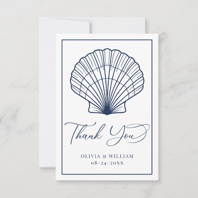 Elegant Beach Seashell Navy Blue Wedding Dankeskarte (Vorderseite)