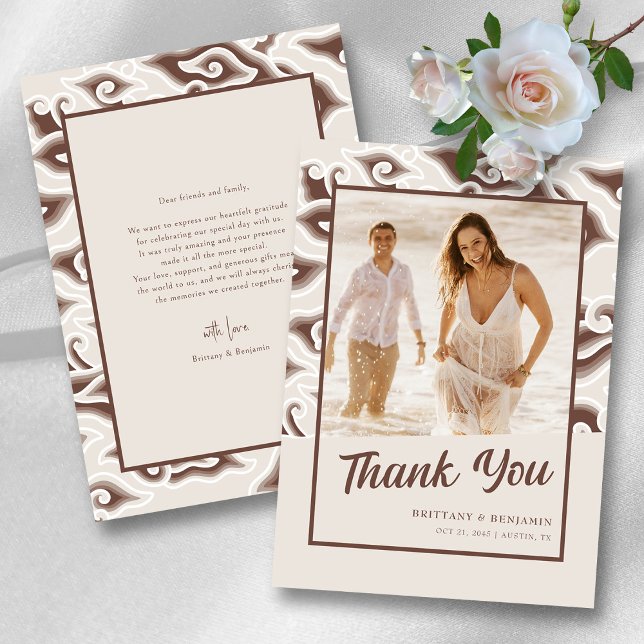 Elegant Beach Wedding danke Ihnen Card Custom Foto (Vintage Brown Batik Gratitude Personalized Wedding Thank You Card )