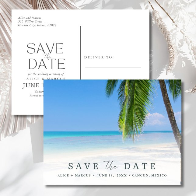 Elegant Beach Wedding Save the Date Ankündigungspostkarte (Elegant Beach Wedding Save the Date Announcement Postcard)