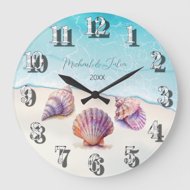 Elegant Beach Wedding Seashells Pearls Nautical Große Wanduhr (Vorderseite)