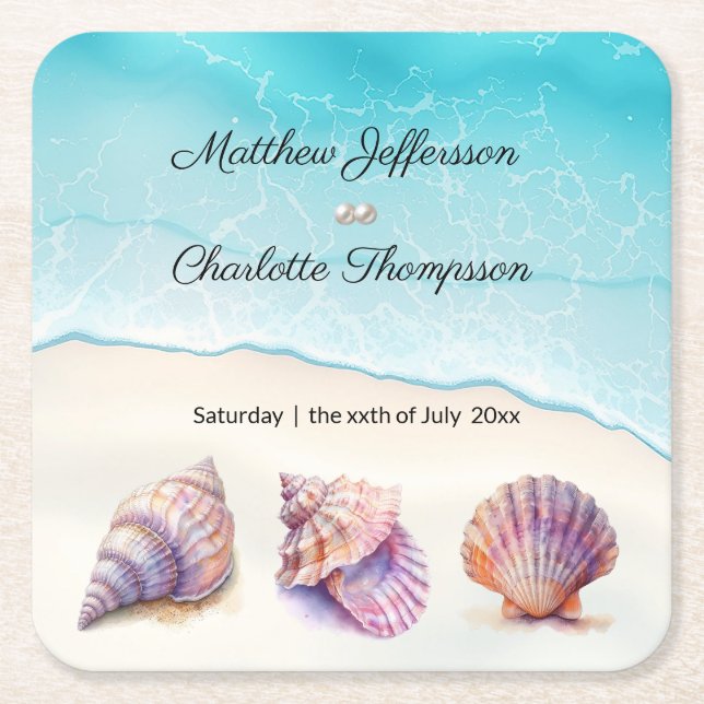 Elegant Beach Wedding Seashells Pearls Nautical Rechteckiger Pappuntersetzer (Vorderseite)