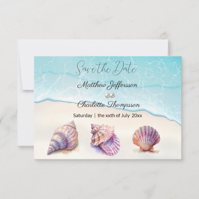 Elegant Beach Wedding Seashells Pearls Nautical Save The Date (Vorderseite)