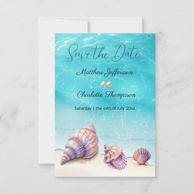Elegant Beach Wedding Seashells Pearls Nautical Save The Date (Vorderseite)