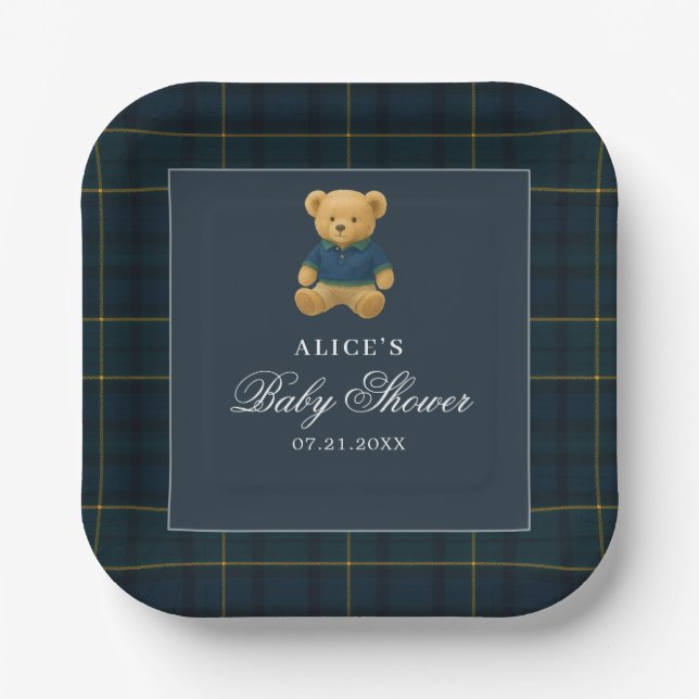 Elegant Bear Navy Blue Baby Shower Pappteller (Vorderseite)
