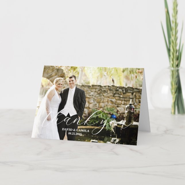Elegant Beatrice Script Foto Wedding Dankeskarte (Vorderseite)