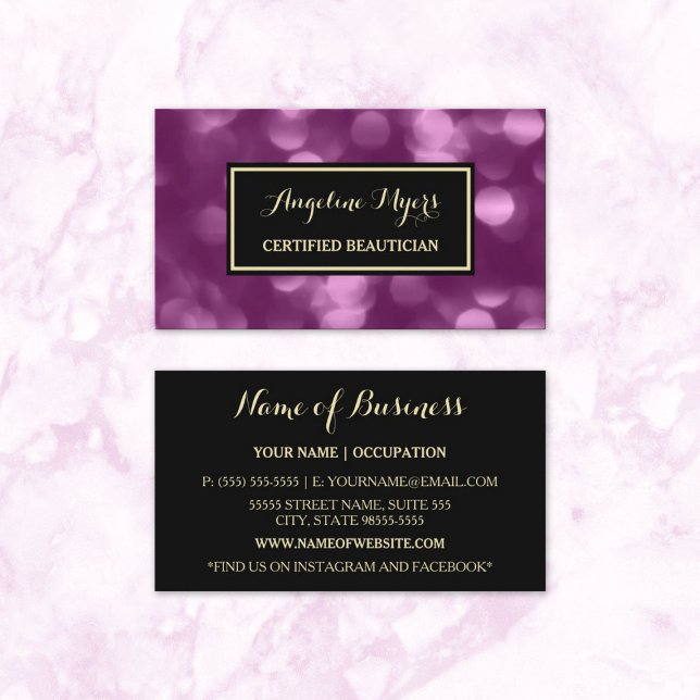 Elegant Beautician Glamurour Lila Luxe Bokeh Visitenkarte (Elegant Beautician Glamorous Purple Luxe Bokeh Business Cards)