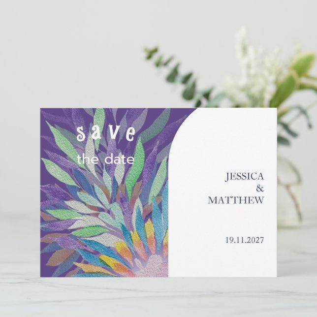 Elegant Beautiful Boho Lila Blumenhochzeit Save The Date (Stehend Vorderseite)