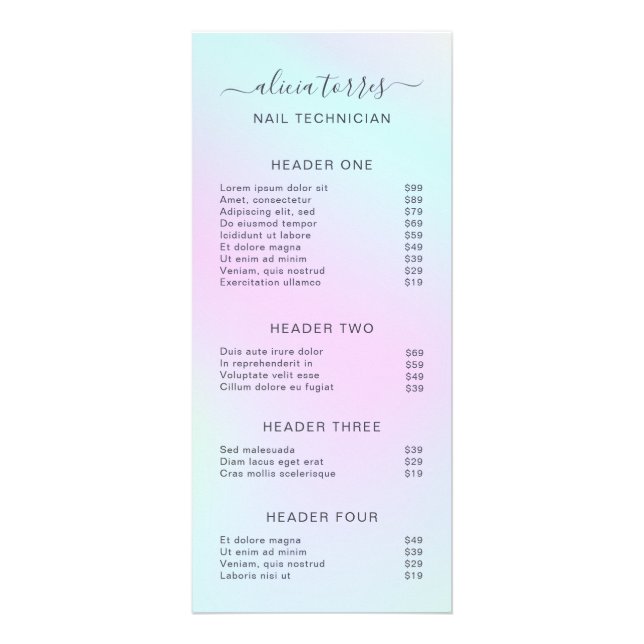 Elegant Beauty Salon Holographic Price List Werbekarte (Vorne)