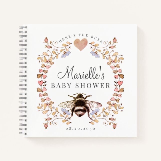 Elegant Bee Floral Heart Baby Shower Guest Notizbuch (Vorderseite)