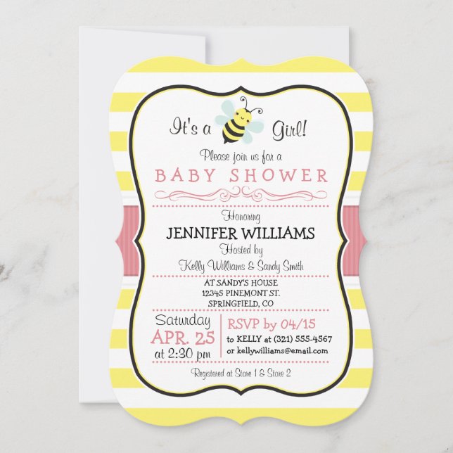 Elegant Bee Girl Baby Shower Einladung (Vorderseite)