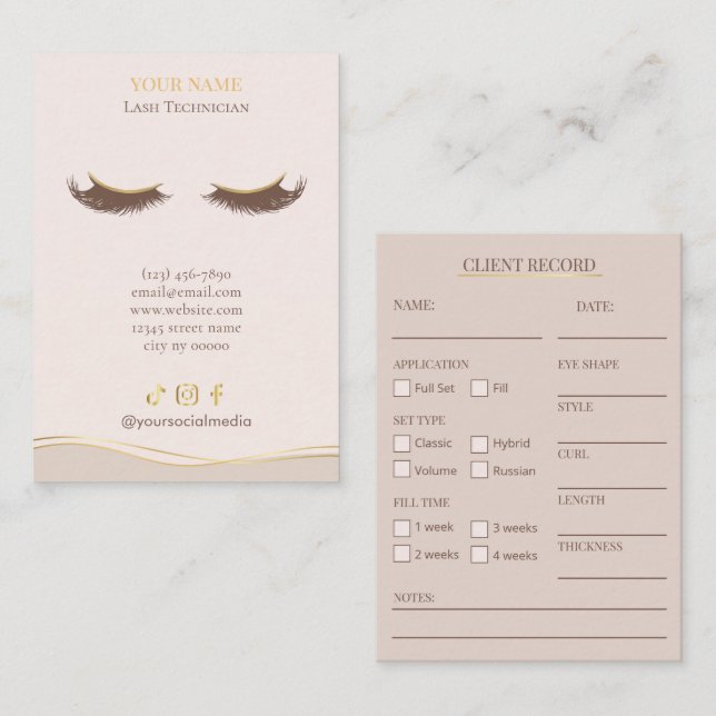 Elegant Beige and gold Lash Client Record Form Visitenkarte (Vorne/Hinten)