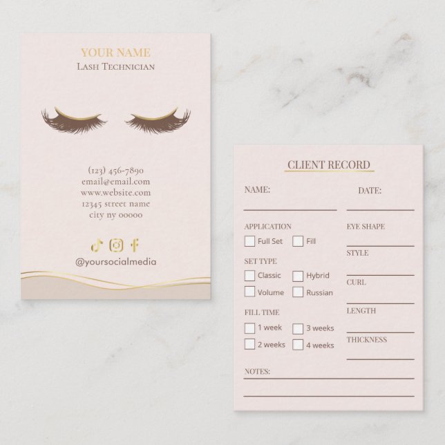 Elegant Beige and gold Lash Client Record Form Visitenkarte (Vorne/Hinten)