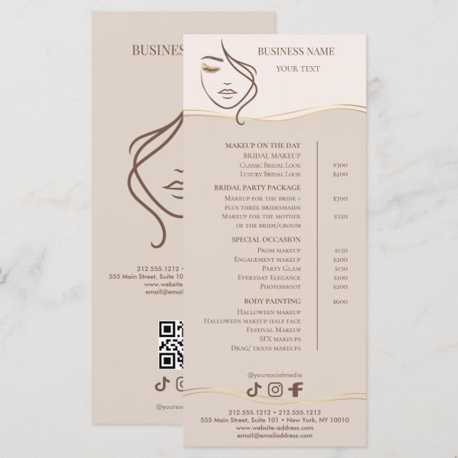 Elegant Beige and Gold Salon Price List Menükarte (Vorne/Hinten)