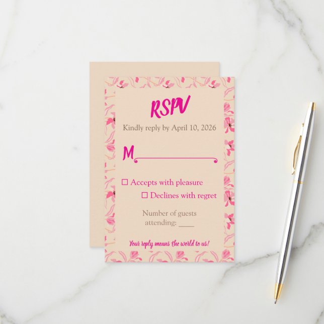Elegant Beige & Blush Pink Floral Wedding  RSVP Karte (Vorderseite/Rückseite Beispiel)