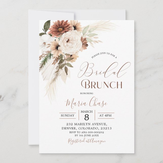 Elegant Beige Boho Pampas Grass Bridal Brunch Einladung (Vorderseite)