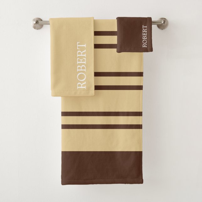 Elegant Beige &Brown Abstract Pattern Custom Name Badhandtuch Set (Insitu)