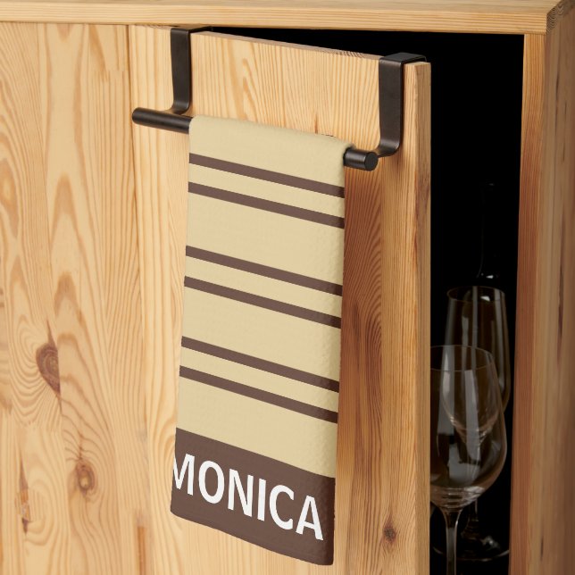 Elegant Beige &Brown Stripes Pattern Custom Name Geschirrtuch (Drittel gefaltet)