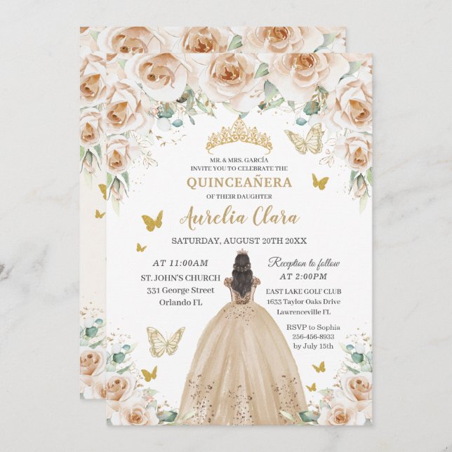Elegant Beige Cream Floral Gold Quinceañera 16. Einladung (Vorne/Hinten)