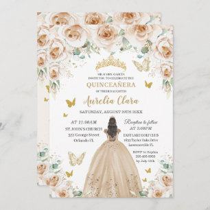 Elegant Beige Cream Floral Gold Quinceañera 16. Einladung