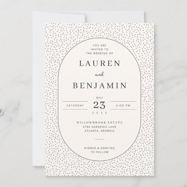 Elegant Beige Dotted Border Einladung (Vorderseite)