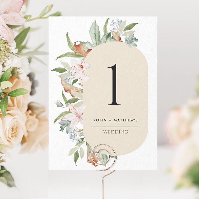 Elegant Beige, Earthy Blooms Wedding Tischnummer (Von Creator hochgeladen)