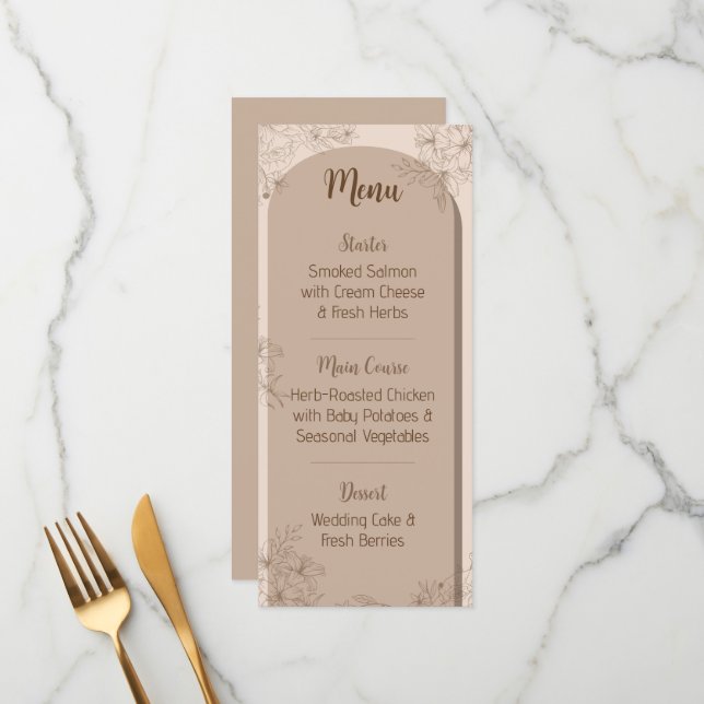 Elegant Beige Floral Wedding Menu Menükarte (Vorderseite/Rückseite Beispiel)