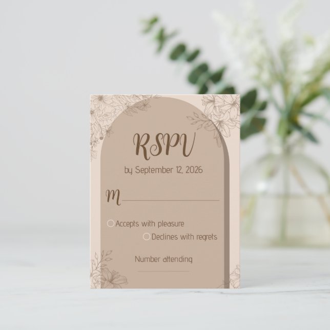Elegant Beige Floral Wedding RSPV card RSVP Karte (Stehend Vorderseite)