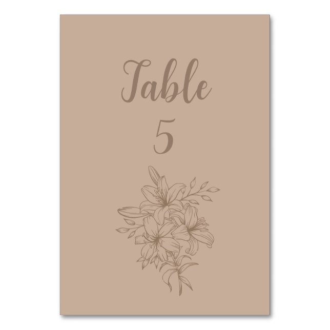 Elegant Beige Floral Wedding Tischnummer (Vorderseite)